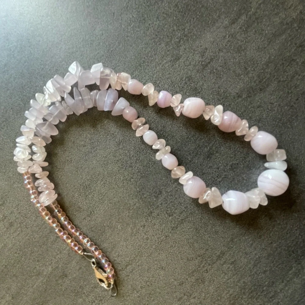 Rose Quartz & Glass Bead Necklace with Sterling Clasp